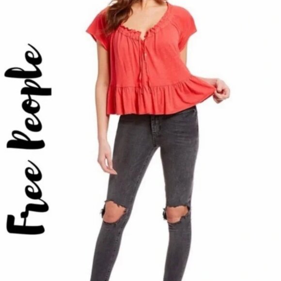 Free People Charlie Tee Cropped Tie front blouse size L - Picture 1 of 15